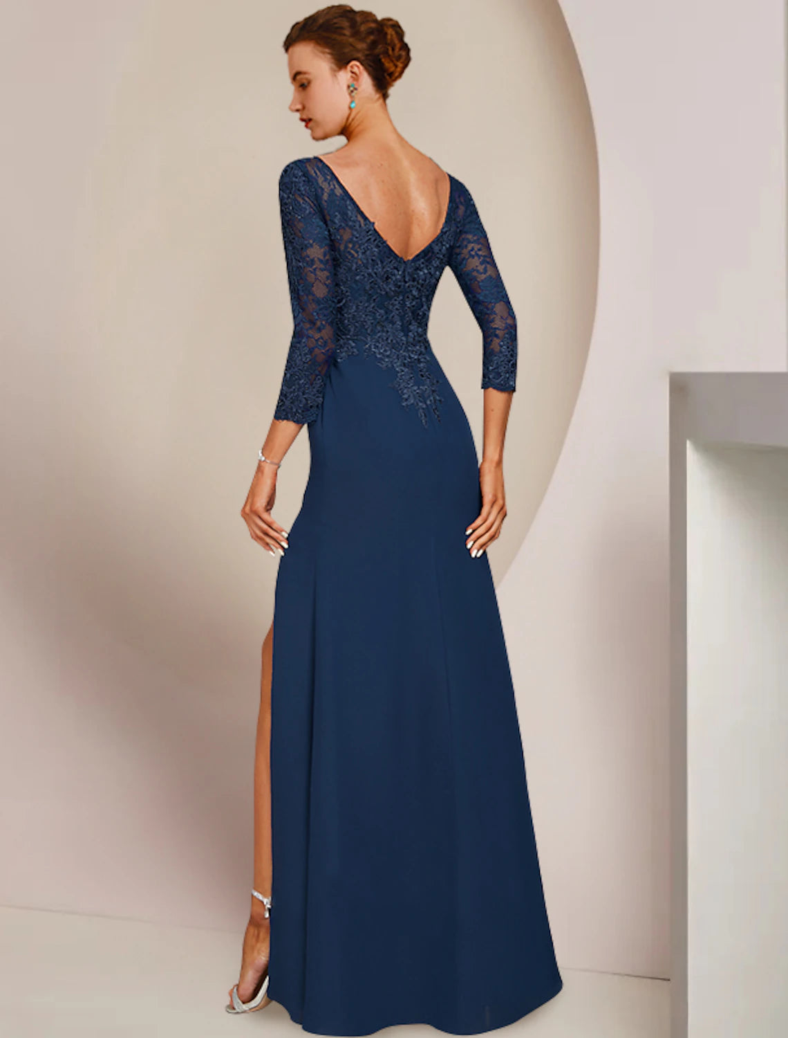 Wholesale  A-Line Mother of the Bride Dress Elegant Scoop Neck Floor Length Chiffon Lace 3/4 Length Sleeve with Appliques Split Front